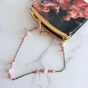 Vintage 70s Brass Station Necklace Pink Molded Rose Beads